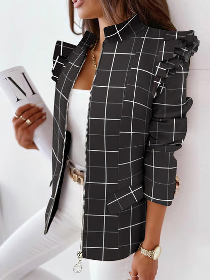 Blazers - Ruffle Check Long Sleeve Zipper Blazer - MsDressly