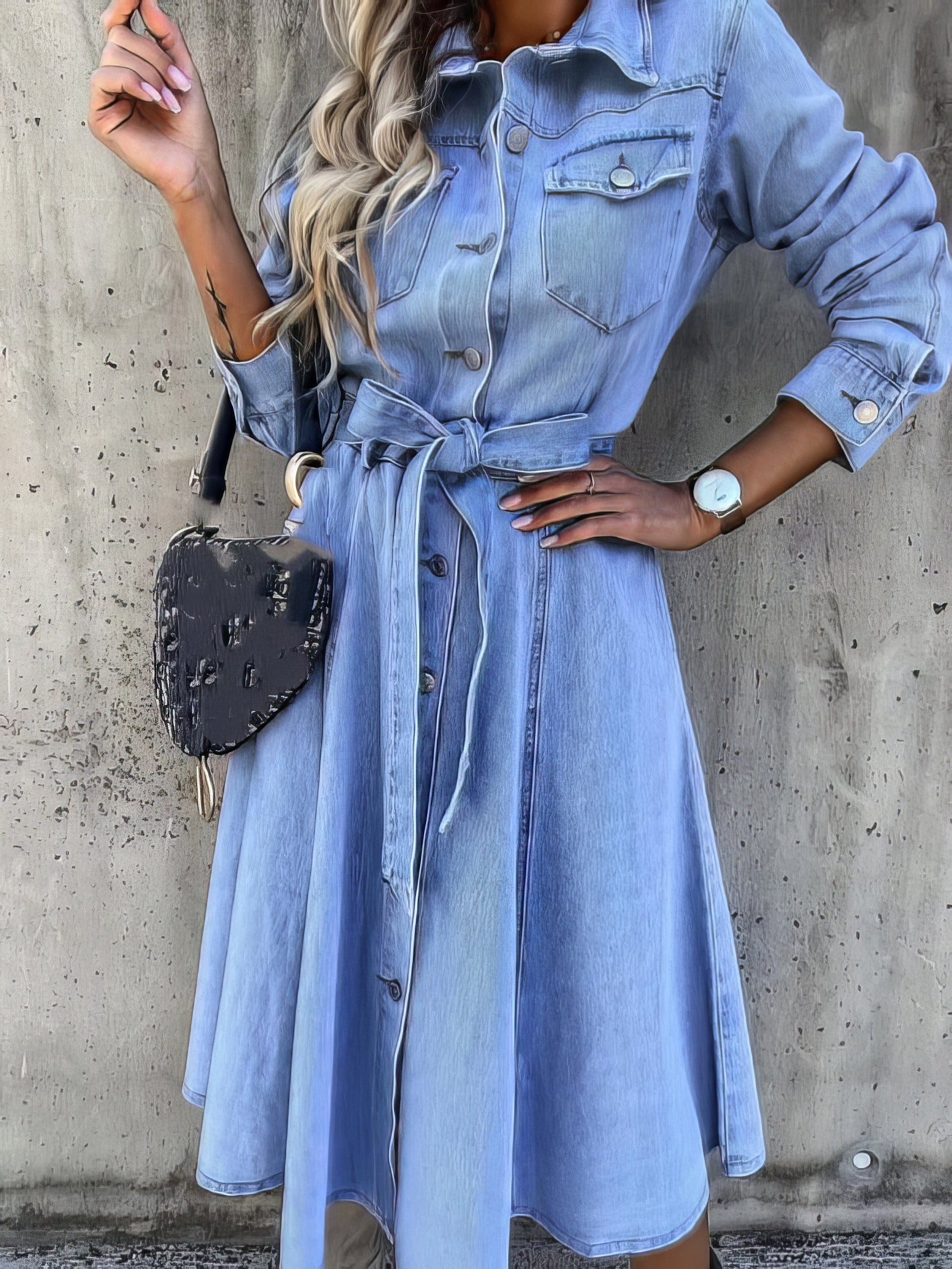 Midi Dresses - Pocket Lapel Belted Long Sleeve Denim Dress - MsDressly