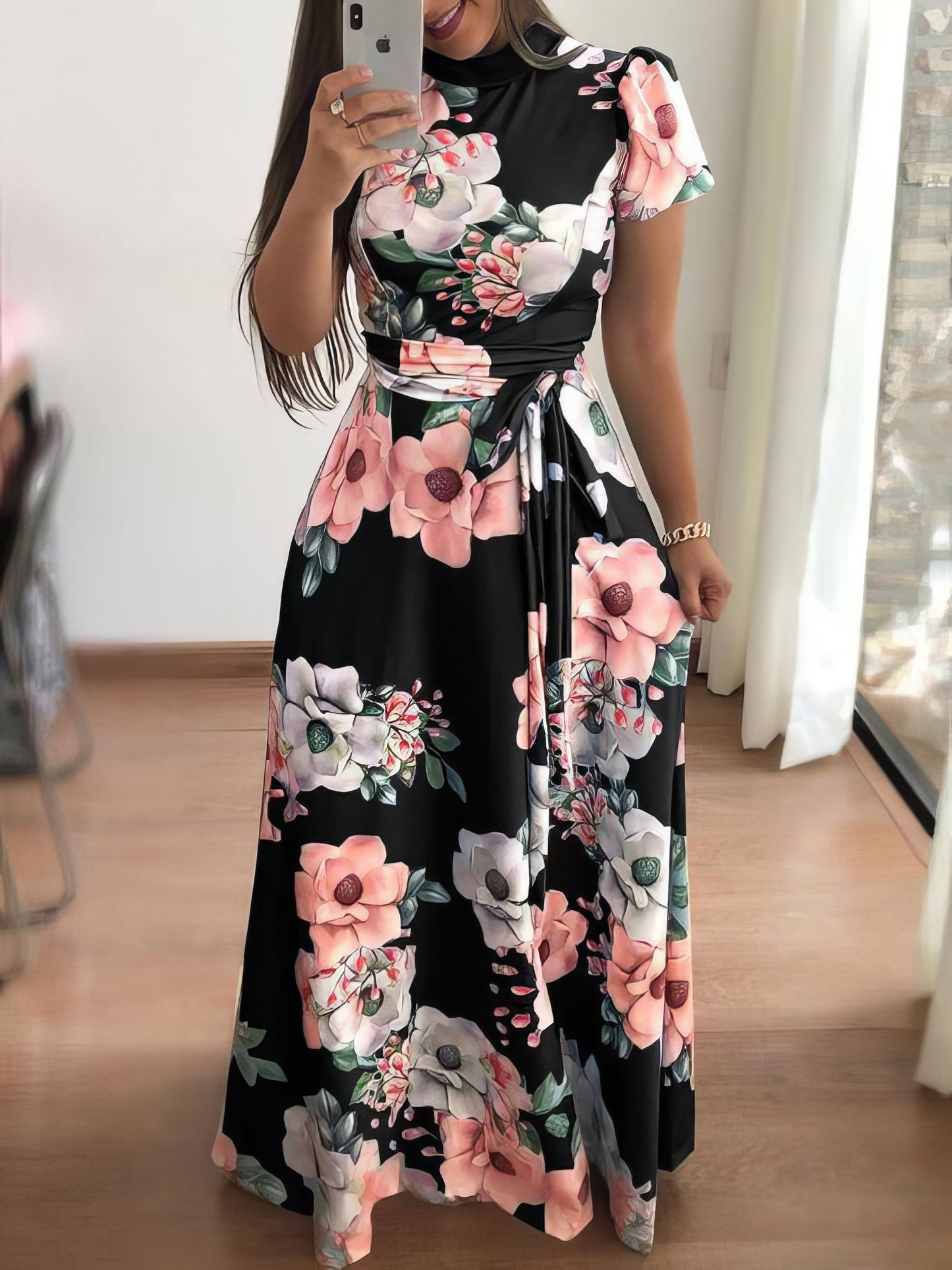 Maxi Dresses - High Neck Floral Print Tie Long Sleeve Dress - MsDressly