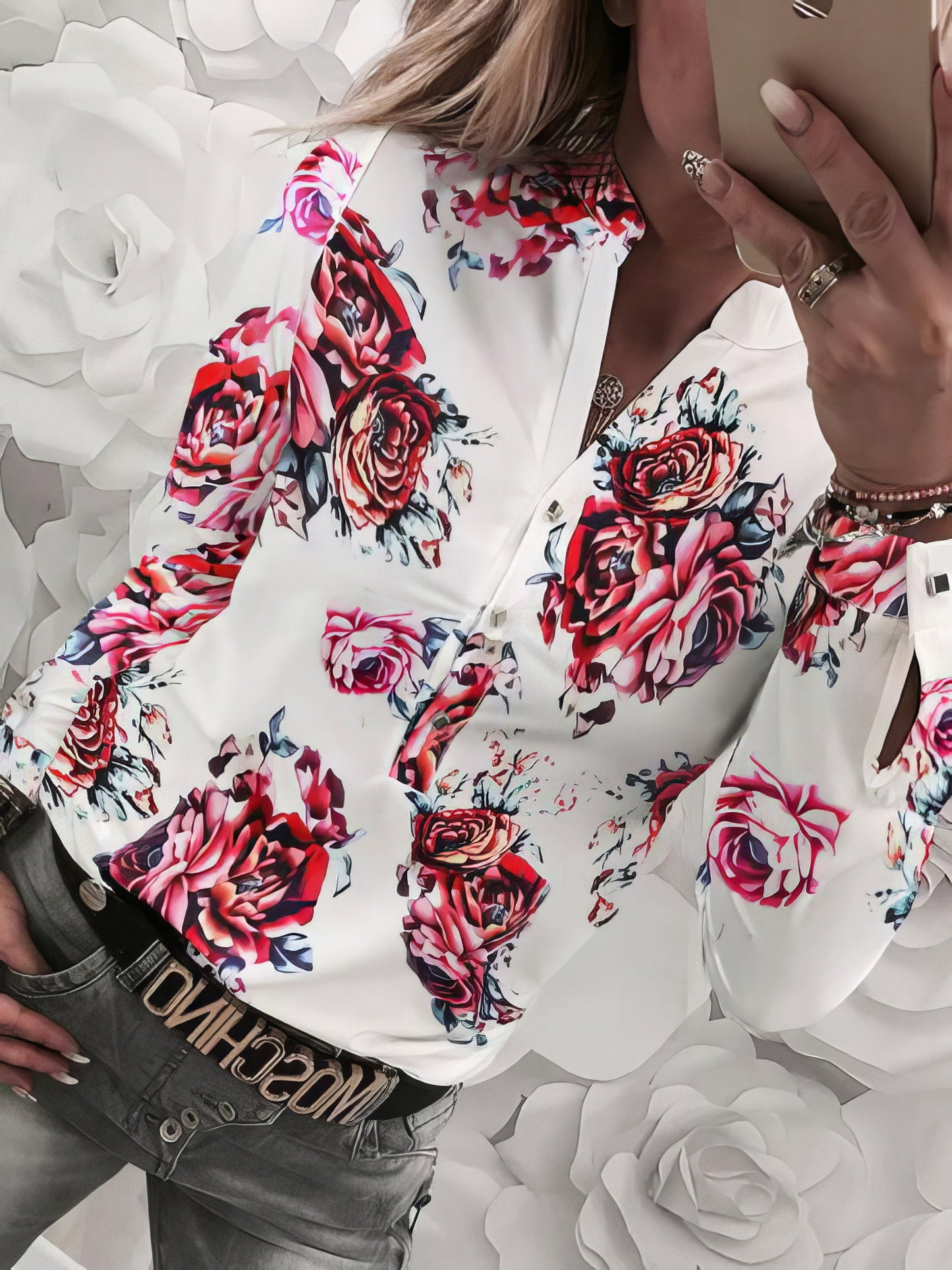 Blouses - Flower V-Neck Button Long Sleeve Blouse - MsDressly