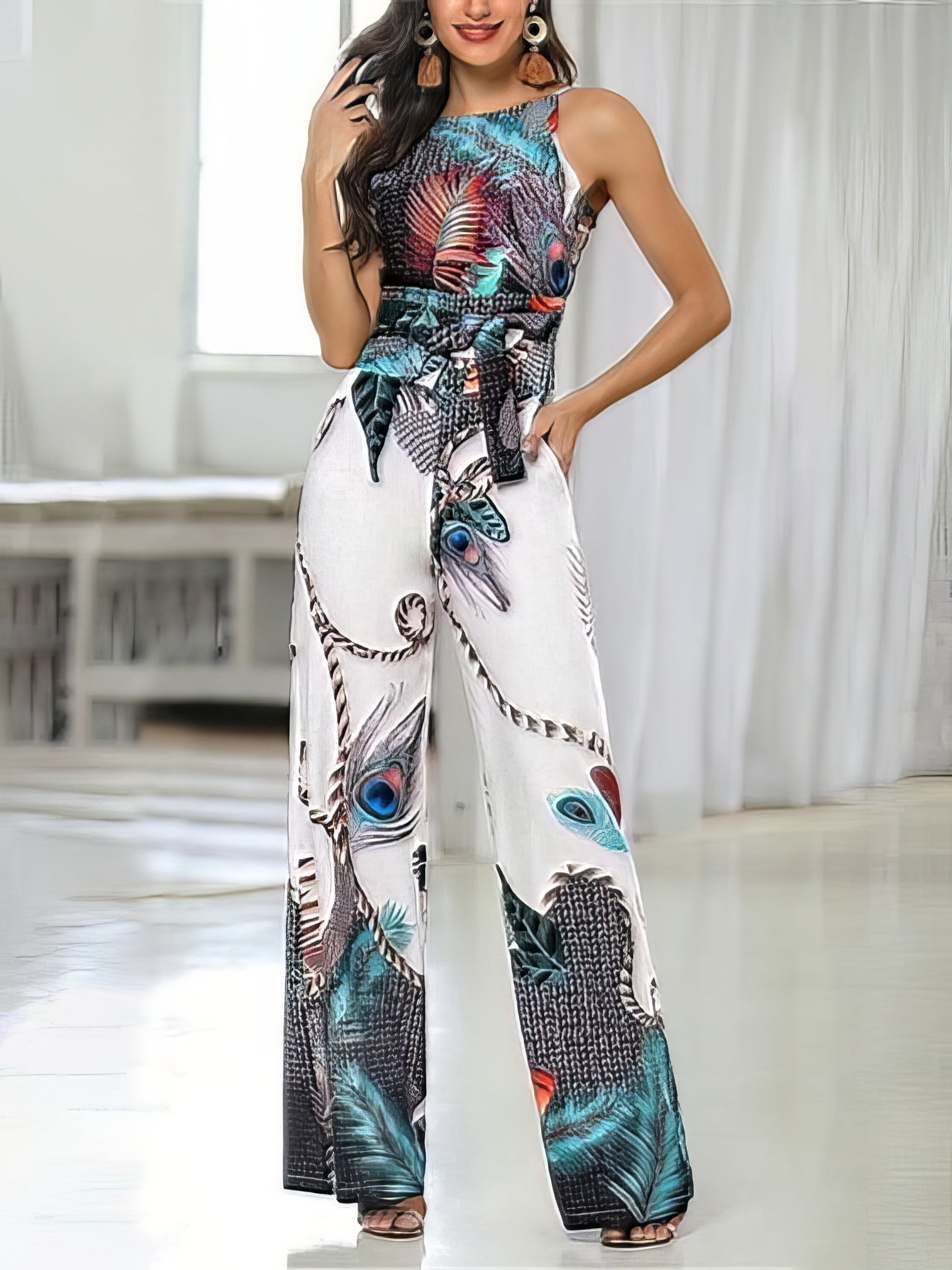 Jumpsuits - Feather Print Sling Jumpsuit - MsDressly