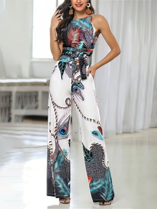 Jumpsuits - Feather Print Sling Jumpsuit - MsDressly