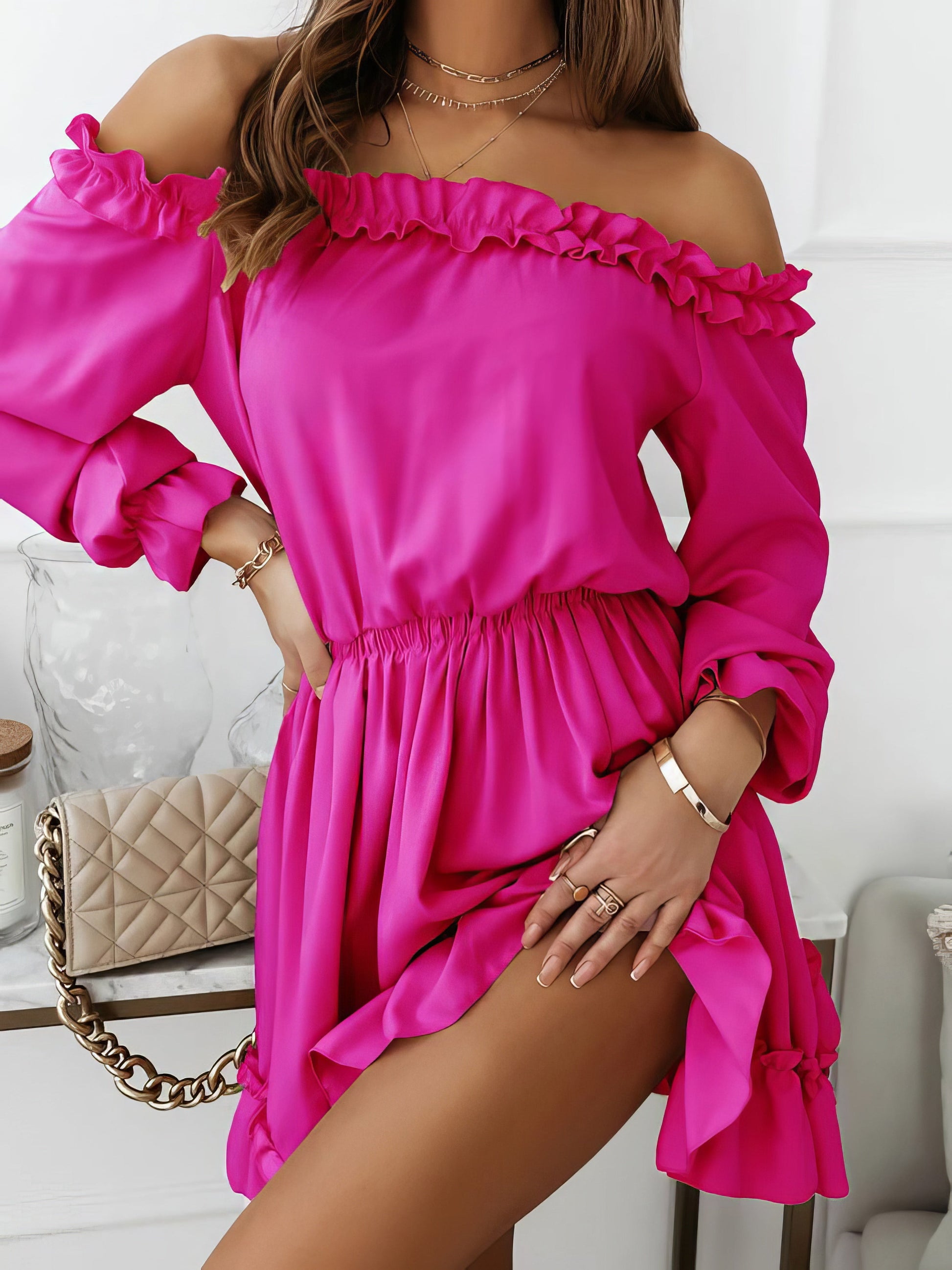 Mini Dresses - One-Shoulder Elastic Waist Long Sleeve Dress - MsDressly