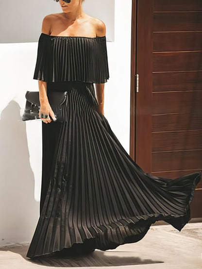 Maxi Dresses - Boat Neck One-Shoulder Pleated Chiffon Dress - MsDressly