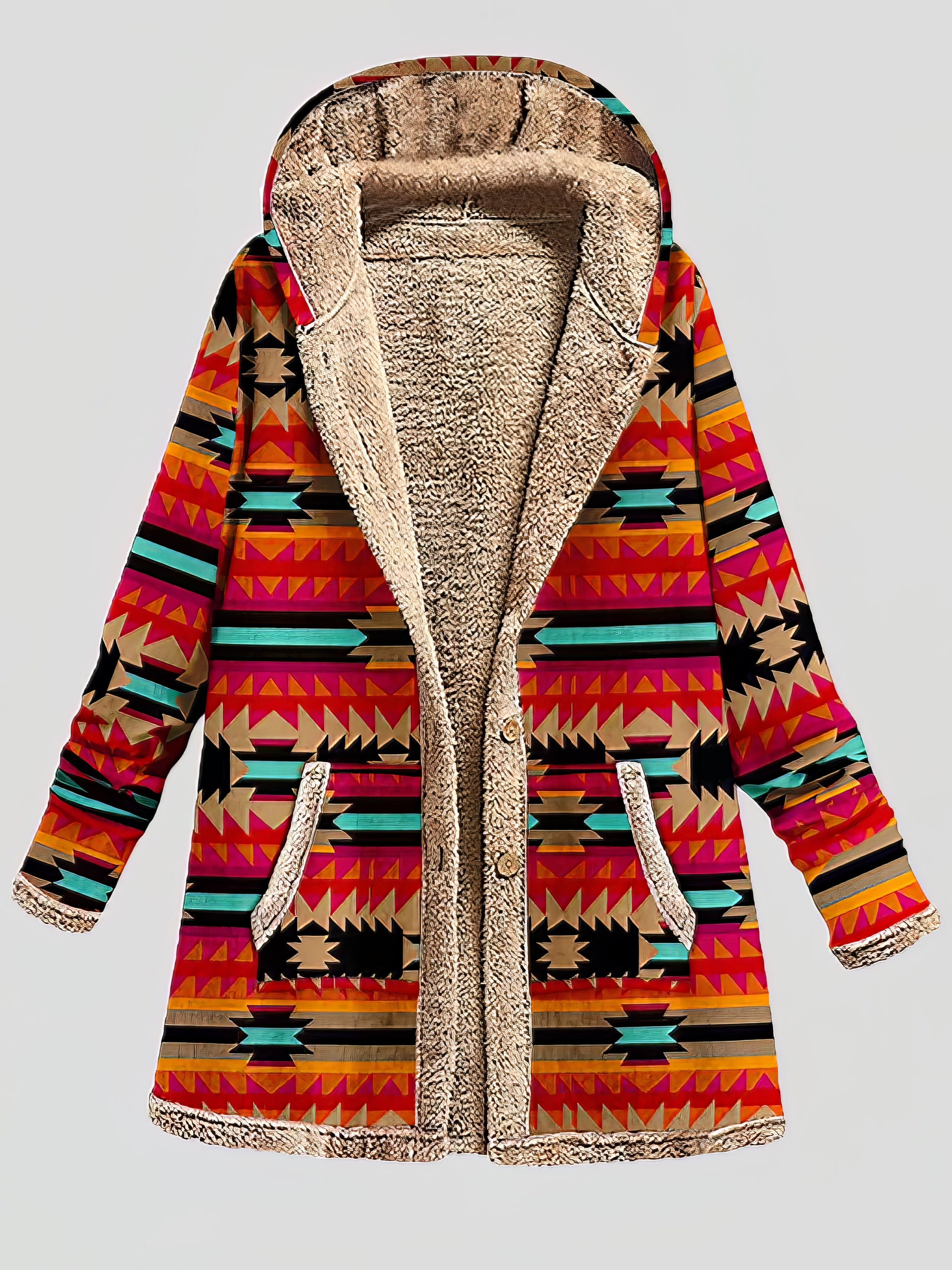 Coats - Graphic Printed Long Sleeve Pocket Button Hooded Coat - MsDressly