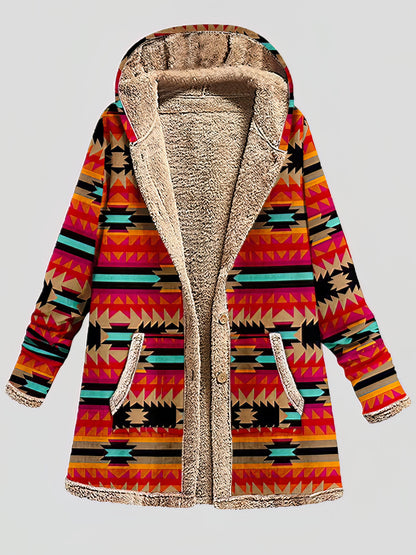 Coats - Graphic Printed Long Sleeve Pocket Button Hooded Coat - MsDressly