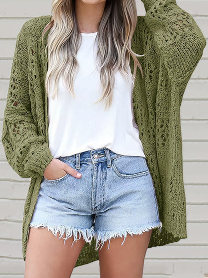 Cardigans - Crochet Loose Long Sleeve Knitted Sweater Cardigan - MsDressly