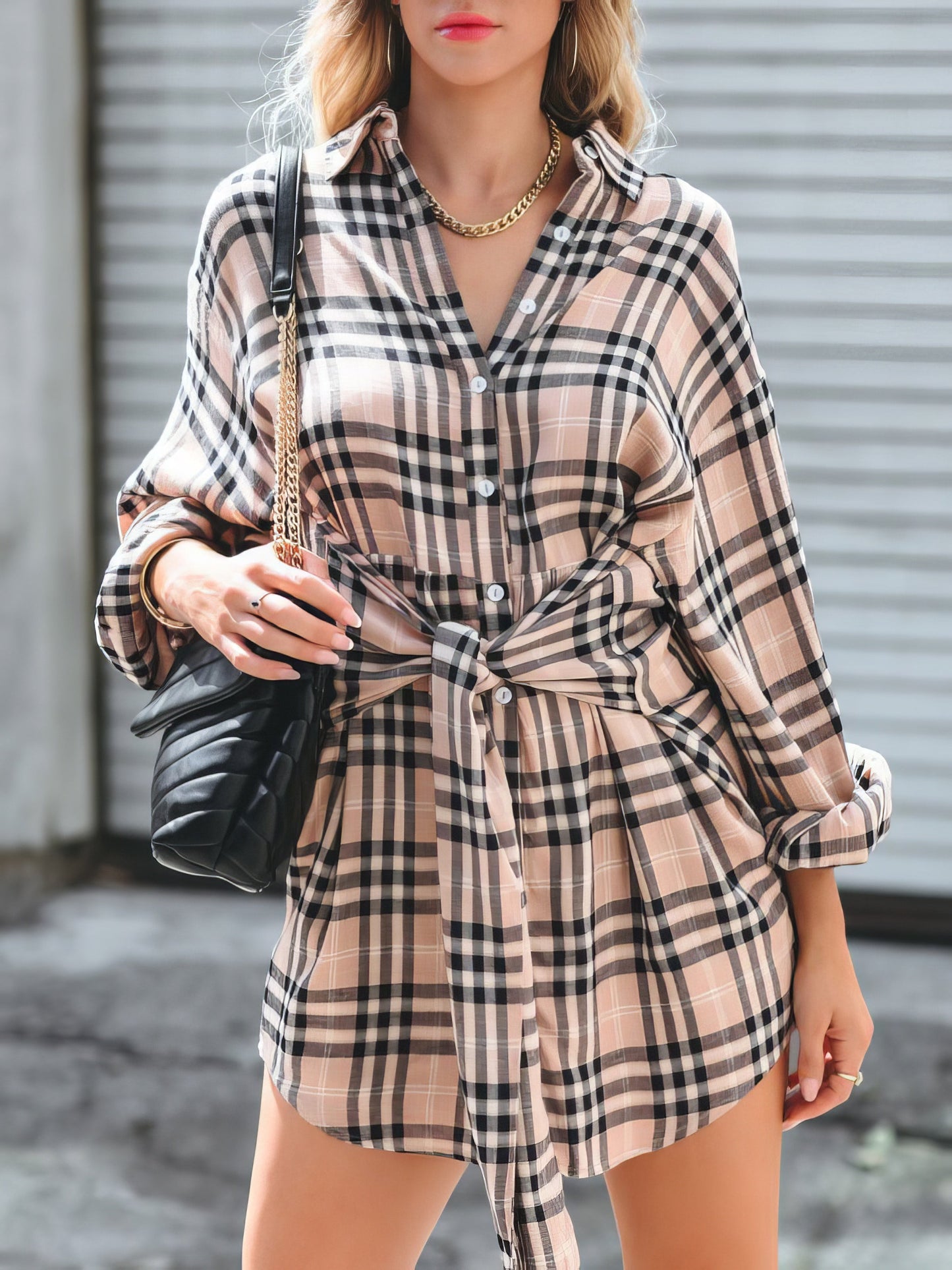 Mini Dresses - Check Print Buttons Lace-Up Shirt Dress - MsDressly