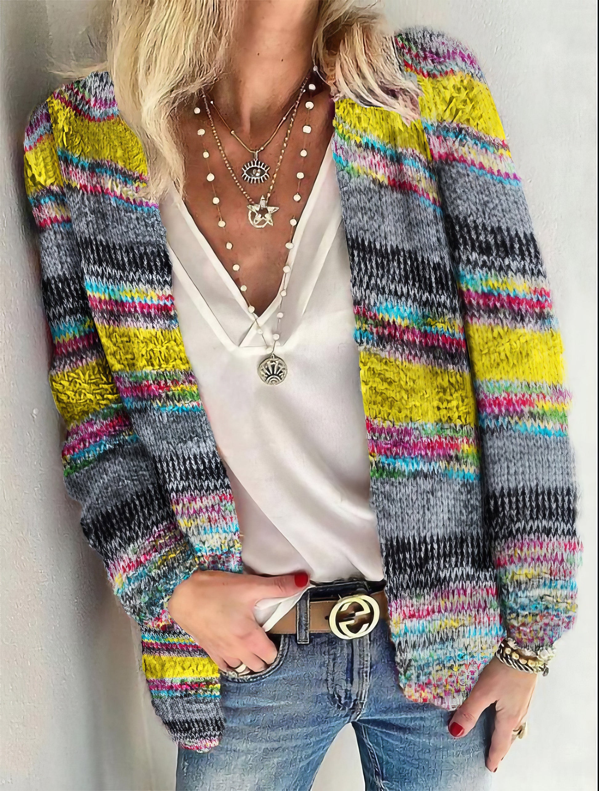 Cardigans - Printed Multicolor Striped Commuter Slim Cardigan - MsDressly
