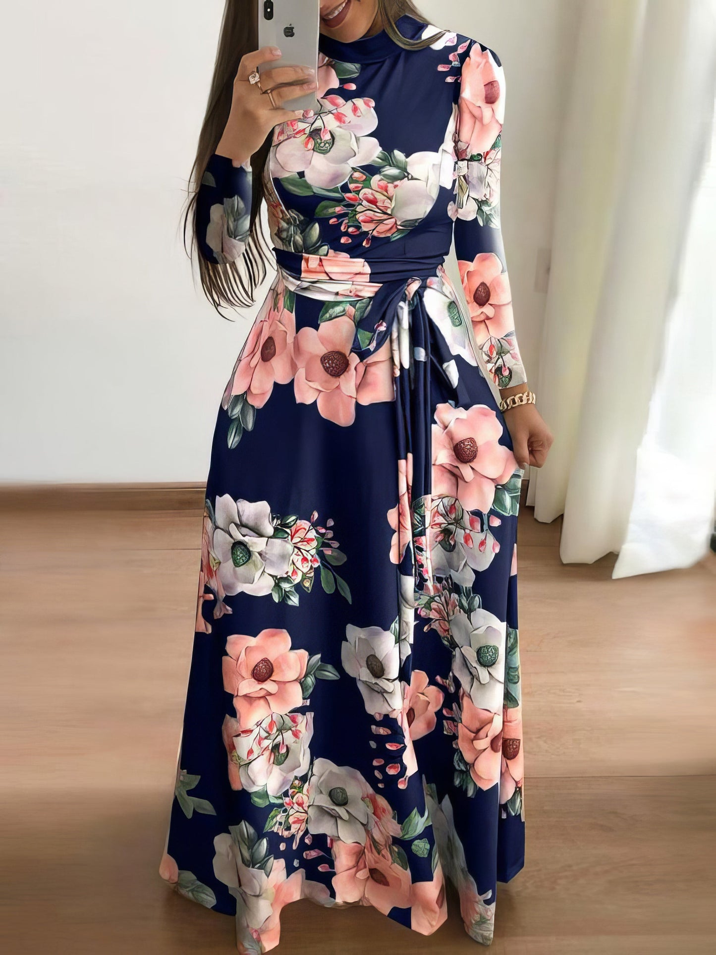 Maxi Dresses - High Neck Floral Print Tie Long Sleeve Dress - MsDressly