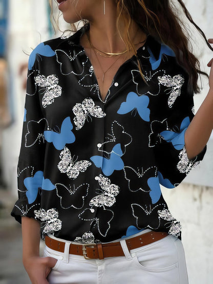 Blouses - Butterfly Print Button Long Sleeve Blouse - MsDressly