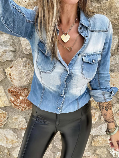 Blouses - Retro Wash Pocket Long Sleeve Denim Blouse Coat - MsDressly