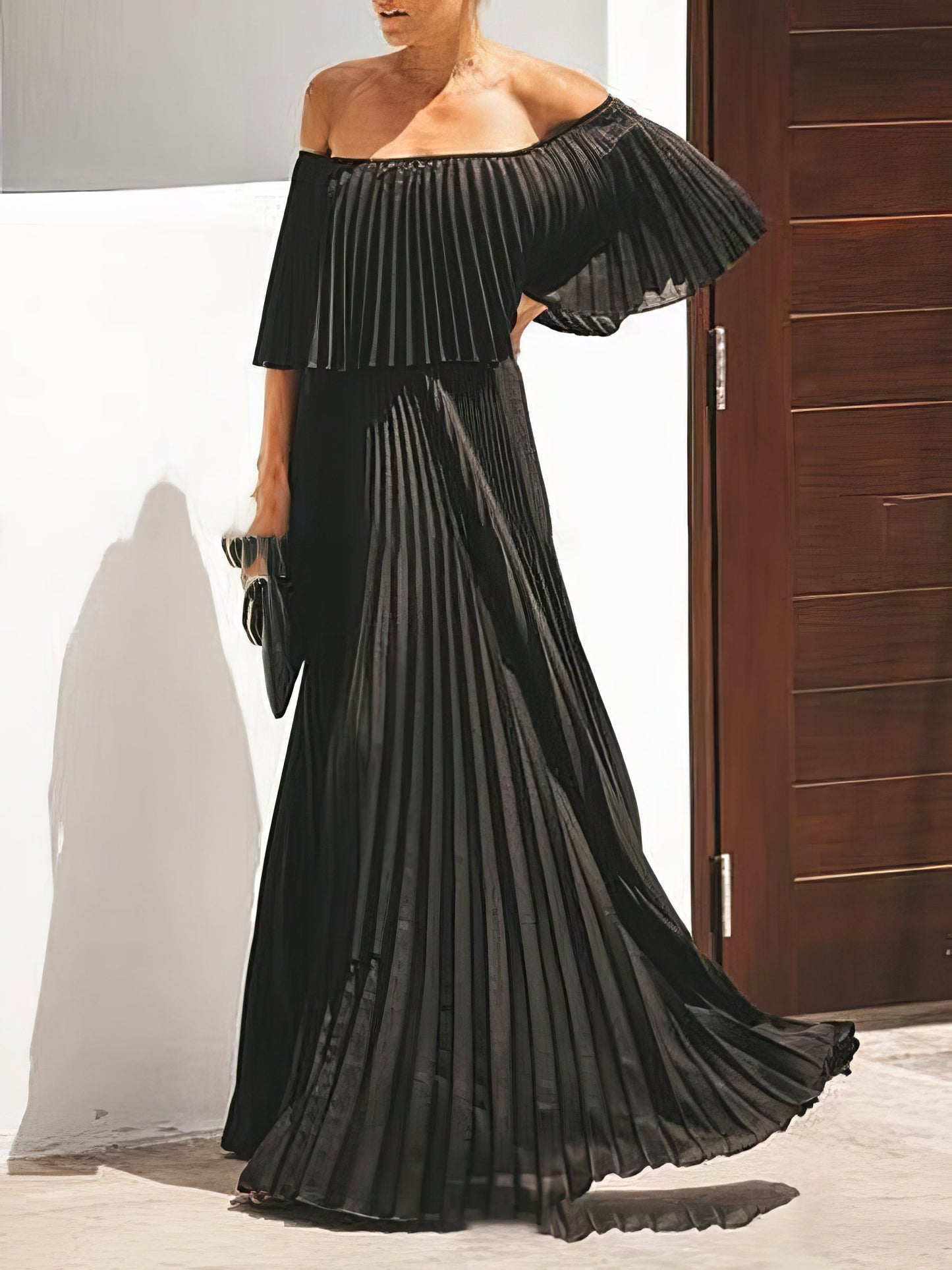 Maxi Dresses - Boat Neck One-Shoulder Pleated Chiffon Dress - MsDressly