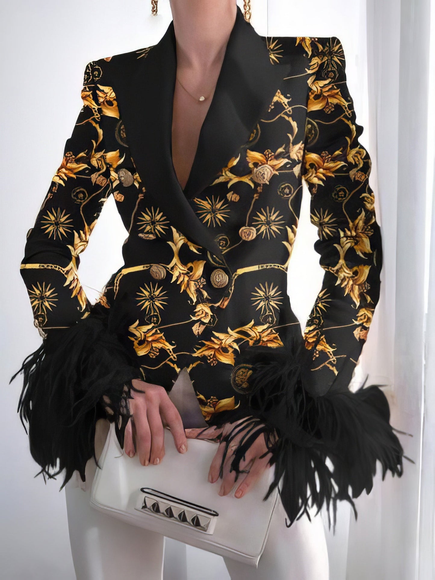 Blazers - Fashion Print Button Long Sleeve Feather Blazer - MsDressly