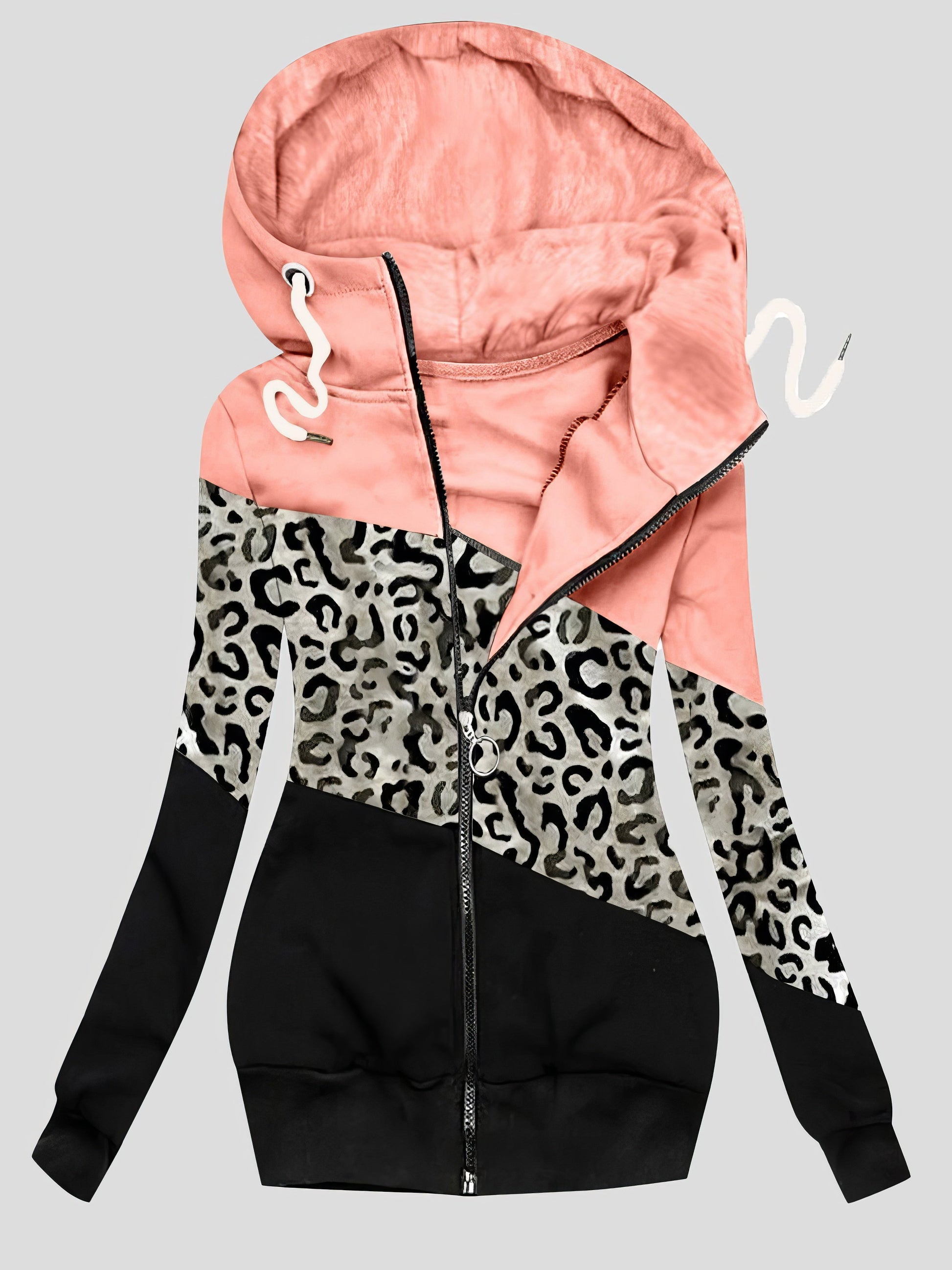 Coats - Three-Color Leopard Print Zip Drawstring Hooded Coat - MsDressly