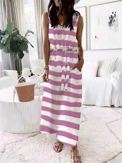 Maxi Dresses - Loose Print Belted Pocket Sleeveless Dress - MsDressly