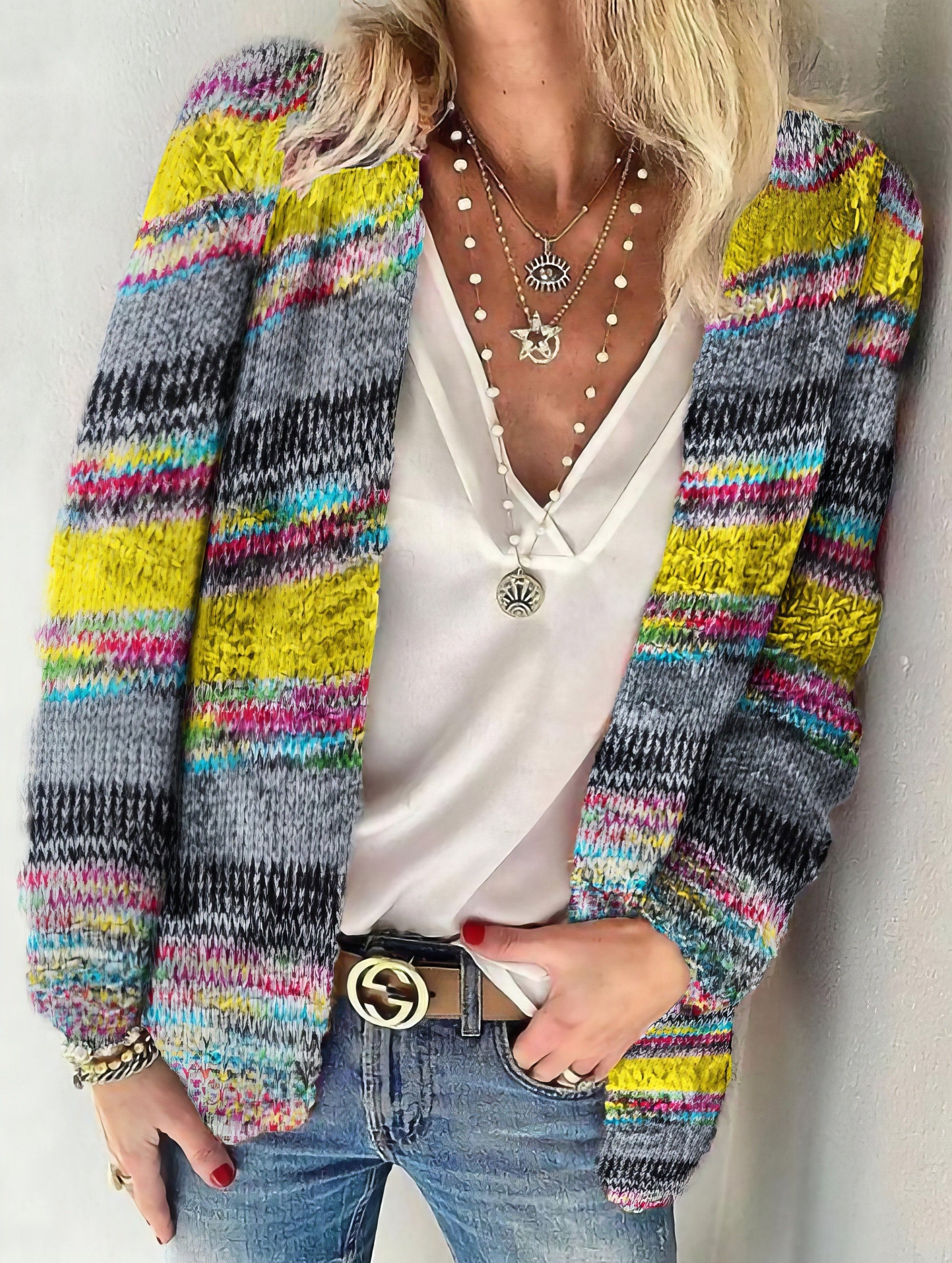 Cardigans - Printed Multicolor Striped Commuter Slim Cardigan - MsDressly