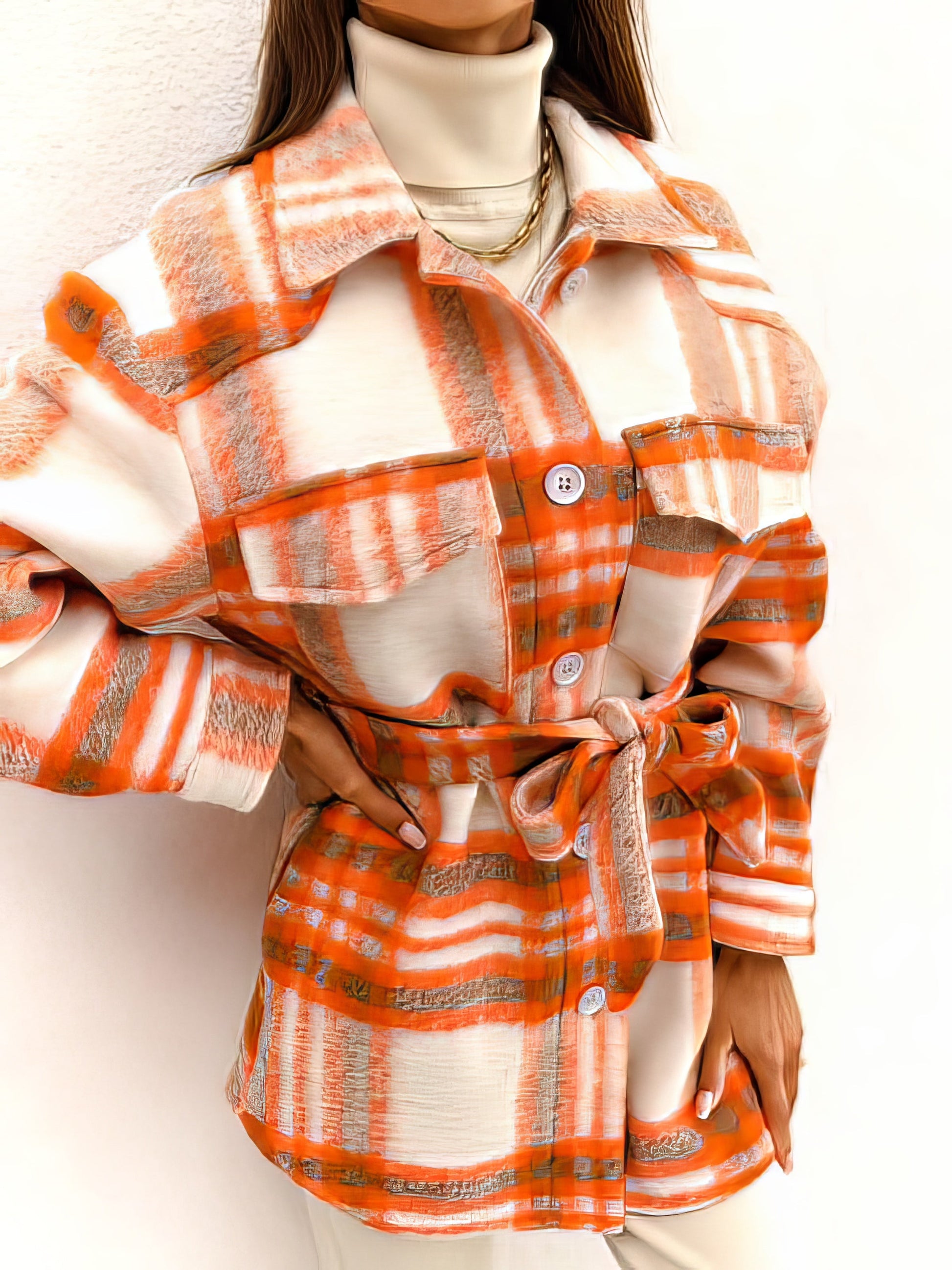 Coats - Checked Belted Two-Tone Pocket Button Woolen Coat - MsDressly