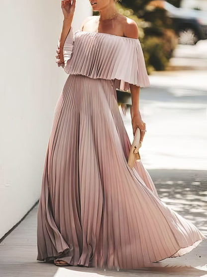 Maxi Dresses - Boat Neck One-Shoulder Pleated Chiffon Dress - MsDressly