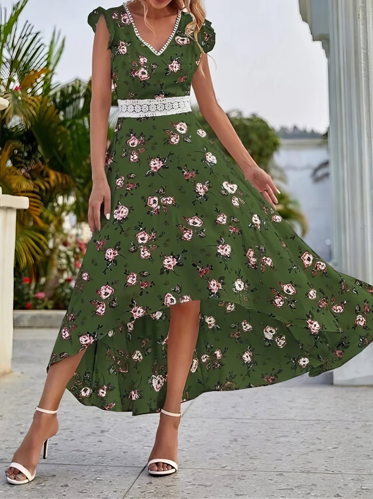 Maxi Dresses - Floral Print V-Neck Sleeveless Dress - MsDressly