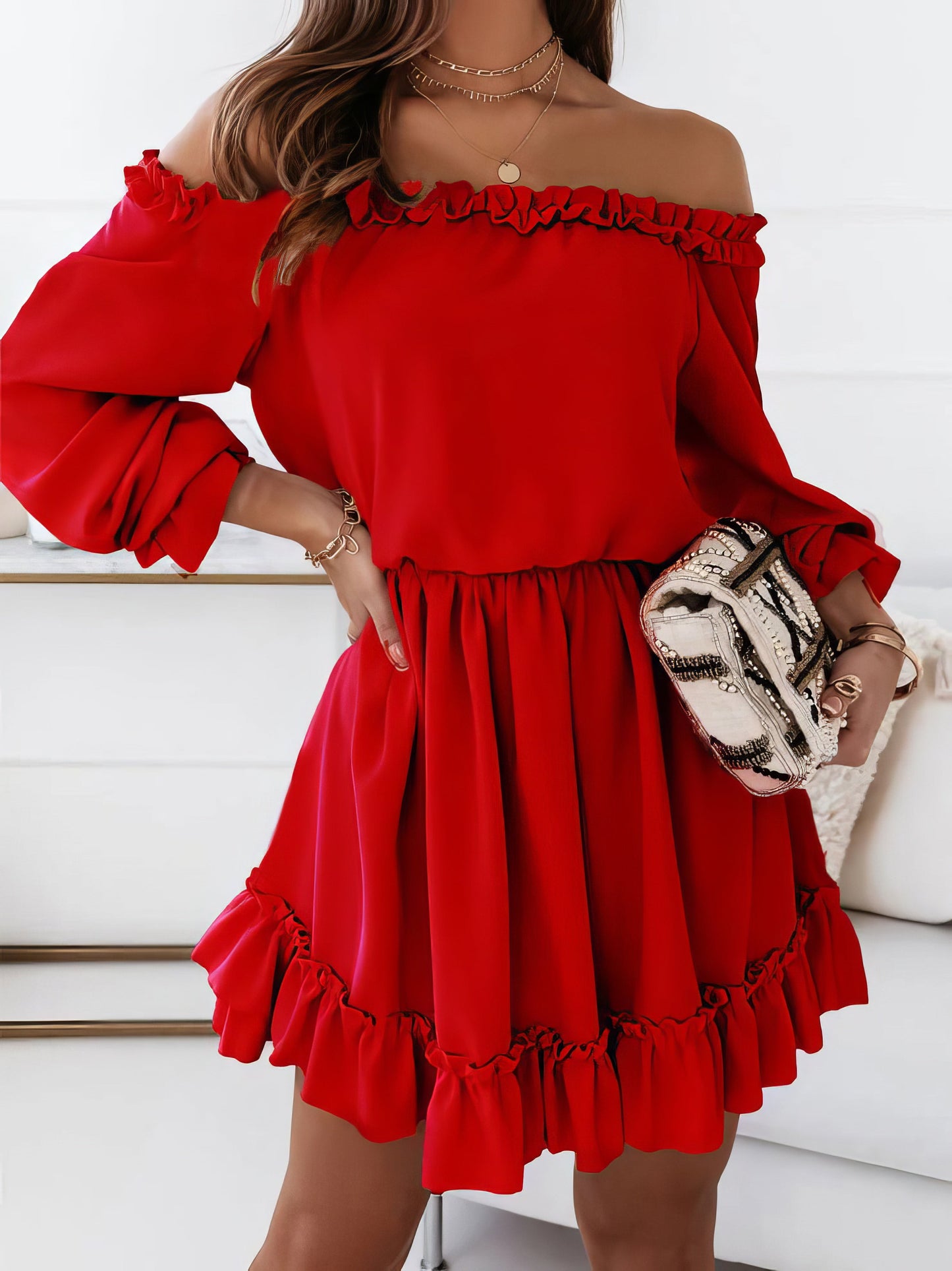 Mini Dresses - One-Shoulder Elastic Waist Long Sleeve Dress - MsDressly