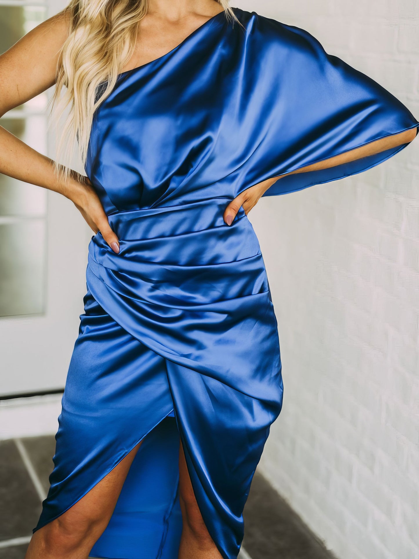 Midi Dresses - One-Shoulder Sleeve Irregular Slit Dress - MsDressly