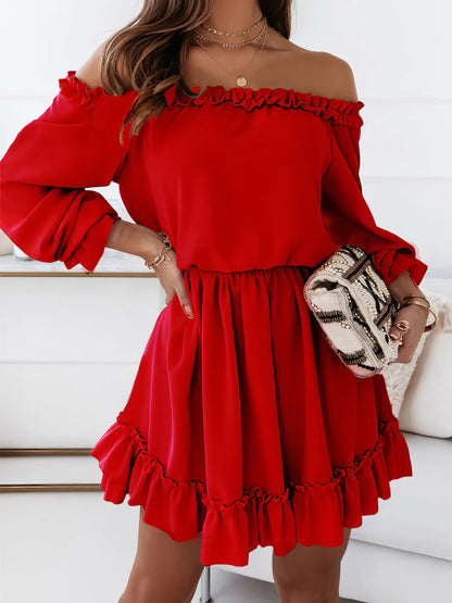 Mini Dresses - One-Shoulder Elastic Waist Long Sleeve Dress - MsDressly