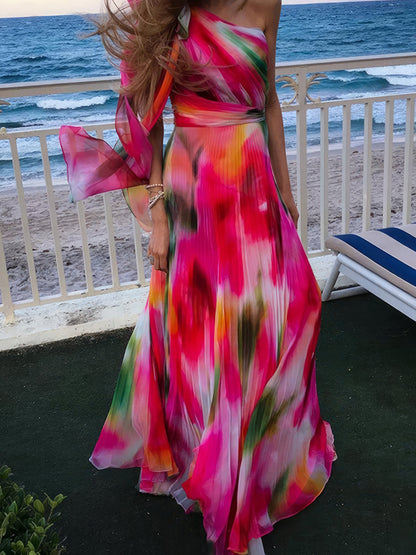 Maxi Dresses - Printed Sloping Shoulder Pleated Dress - MsDressly