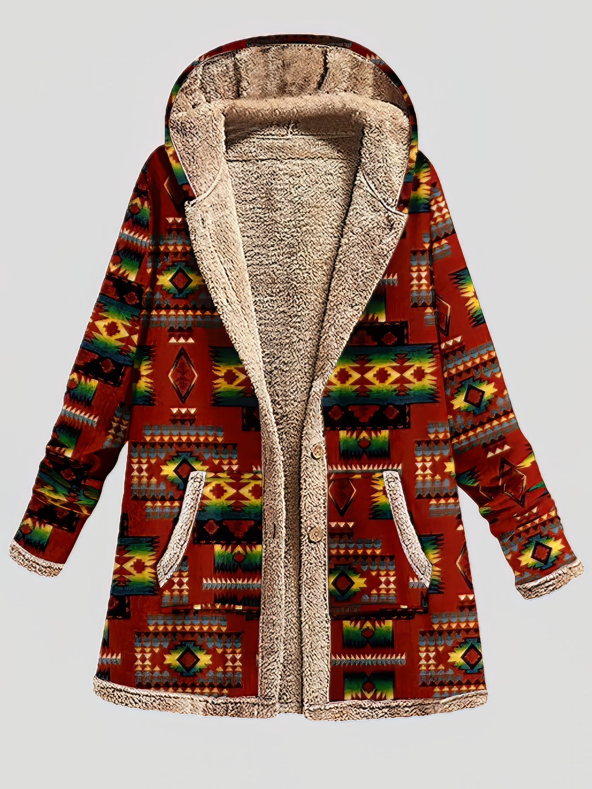 Coats - Graphic Printed Long Sleeve Pocket Button Hooded Coat - MsDressly