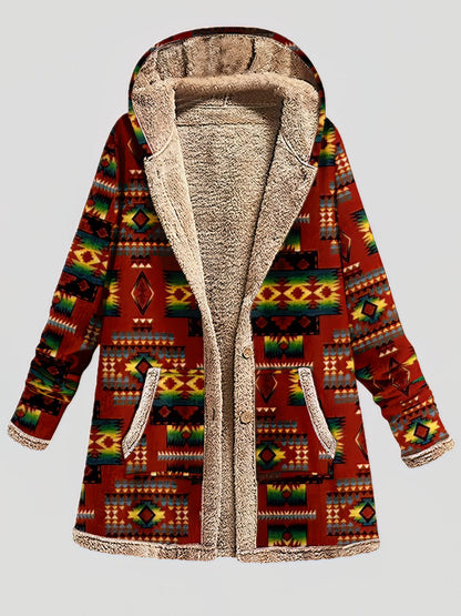 Graphic Printed Long Sleeve Pocket Button Hooded Coat