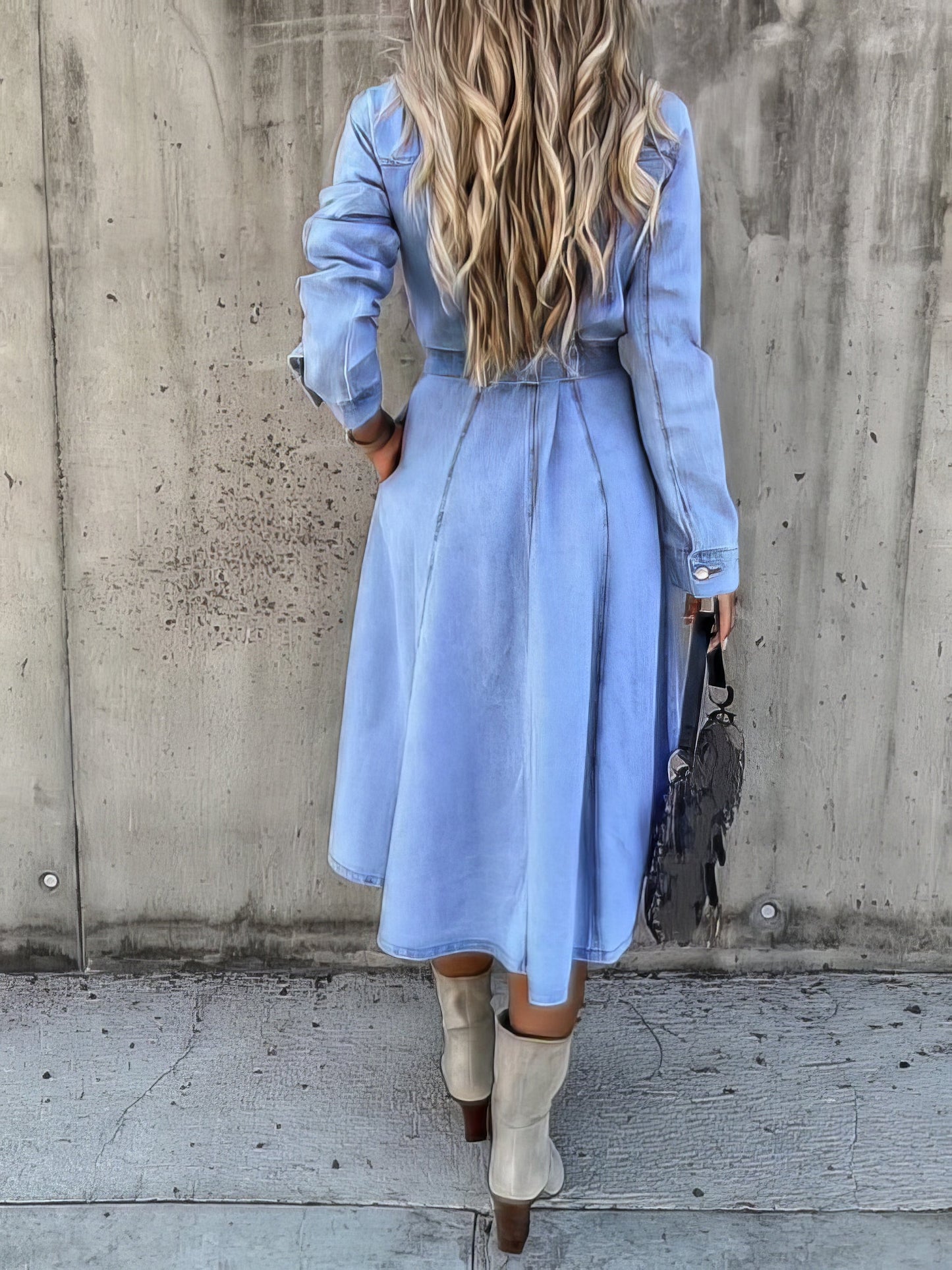 Midi Dresses - Pocket Lapel Belted Long Sleeve Denim Dress - MsDressly