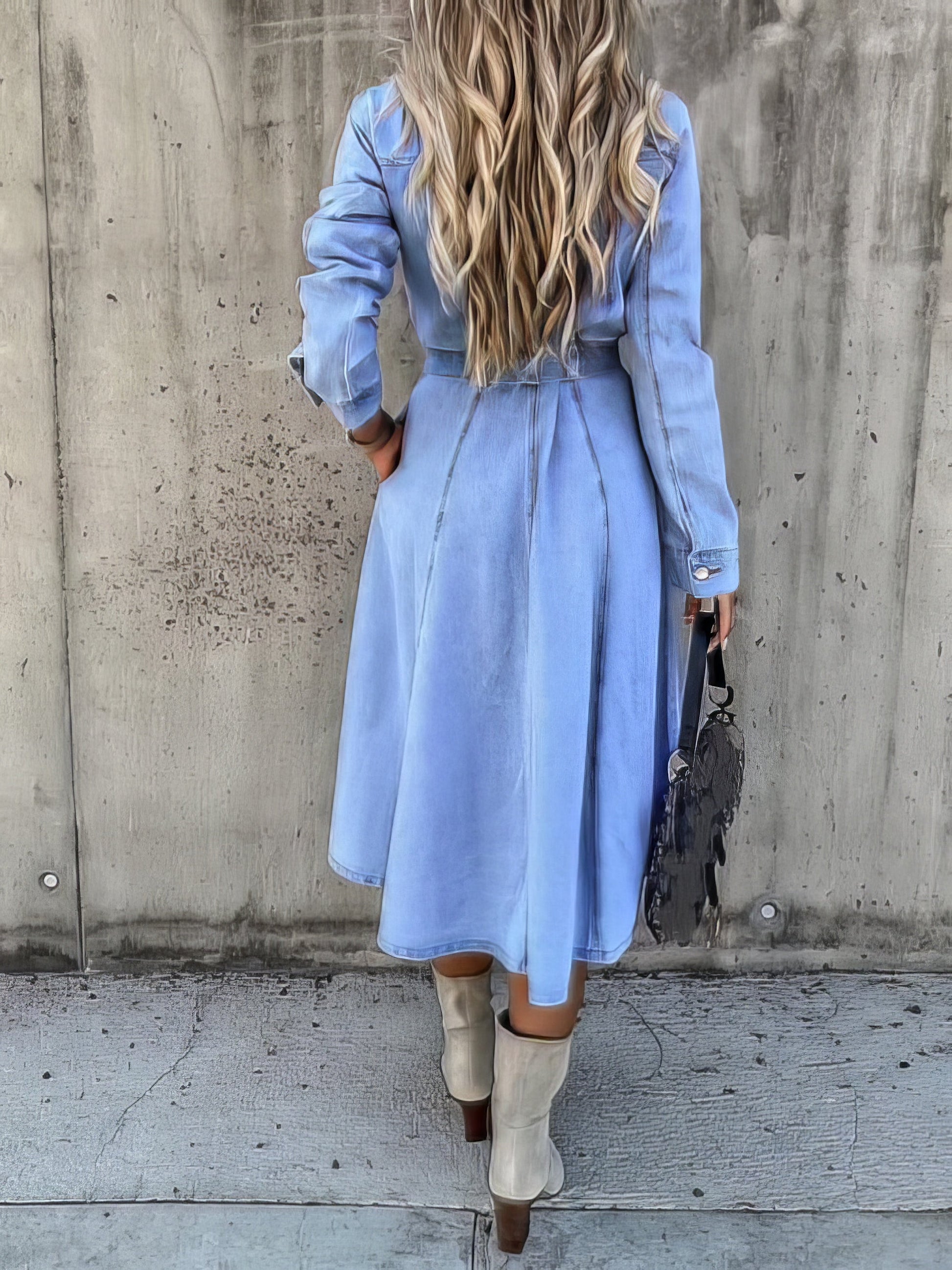 Midi Dresses - Pocket Lapel Belted Long Sleeve Denim Dress - MsDressly