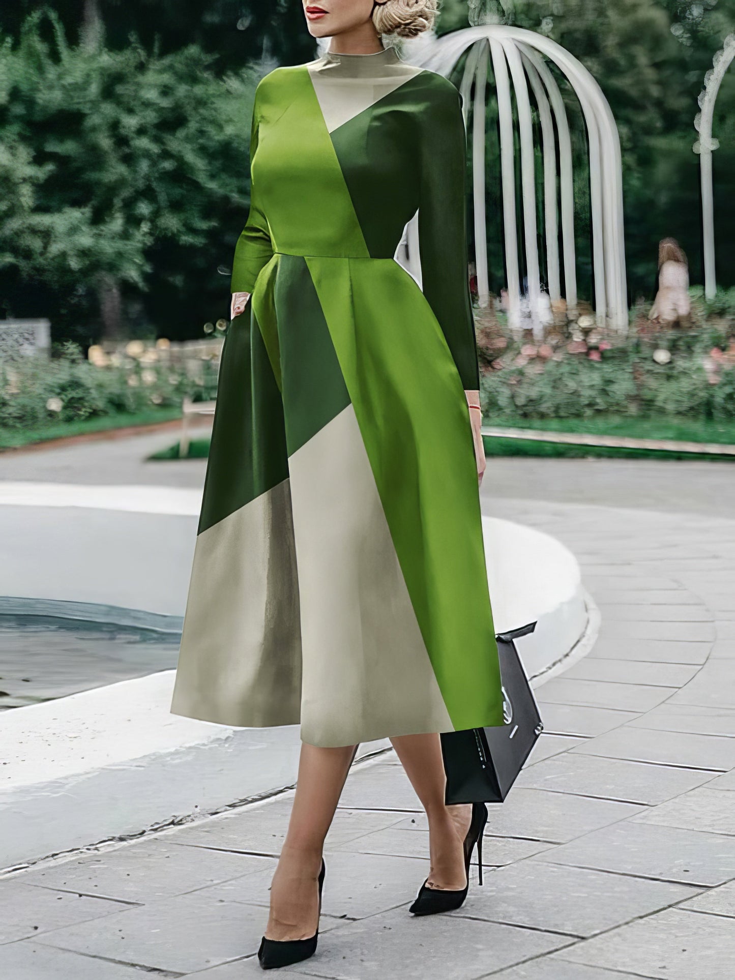 Midi Dresses - Long Sleeve Fitted Printed Midi Dress - MsDressly