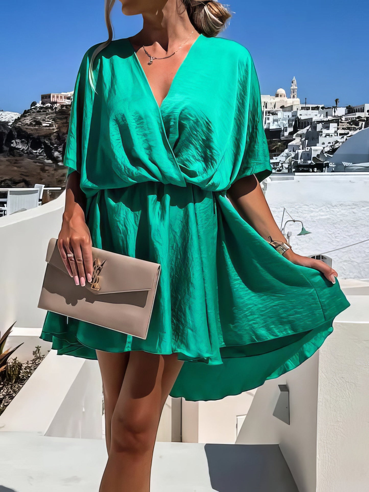 Mini Dresses - Loose V-Neck Short Sleeve Mini Dress - MsDressly