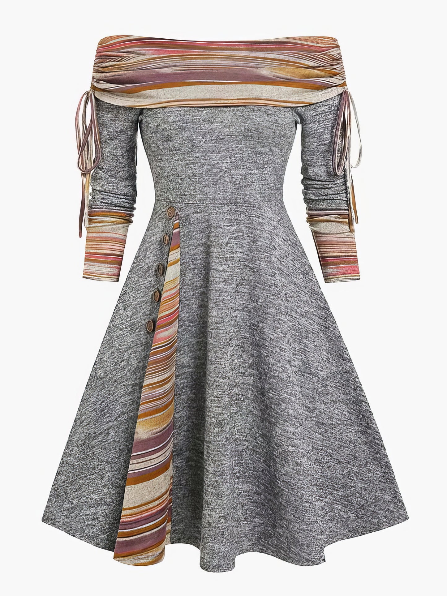 Midi Dresses - Off Shoulder Drawstring Long Sleeve Dress - MsDressly