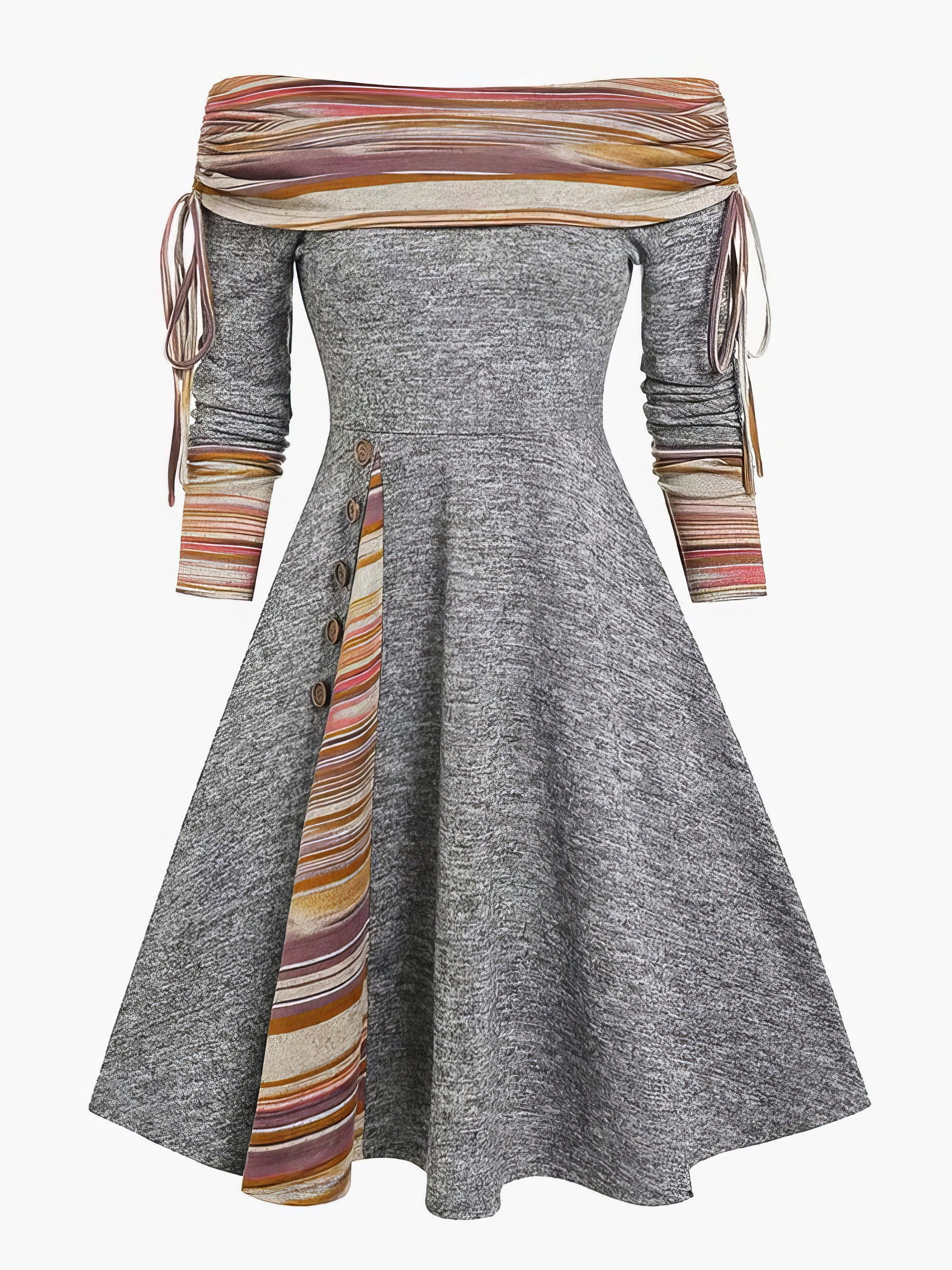 Midi Dresses - Off Shoulder Drawstring Long Sleeve Dress - MsDressly