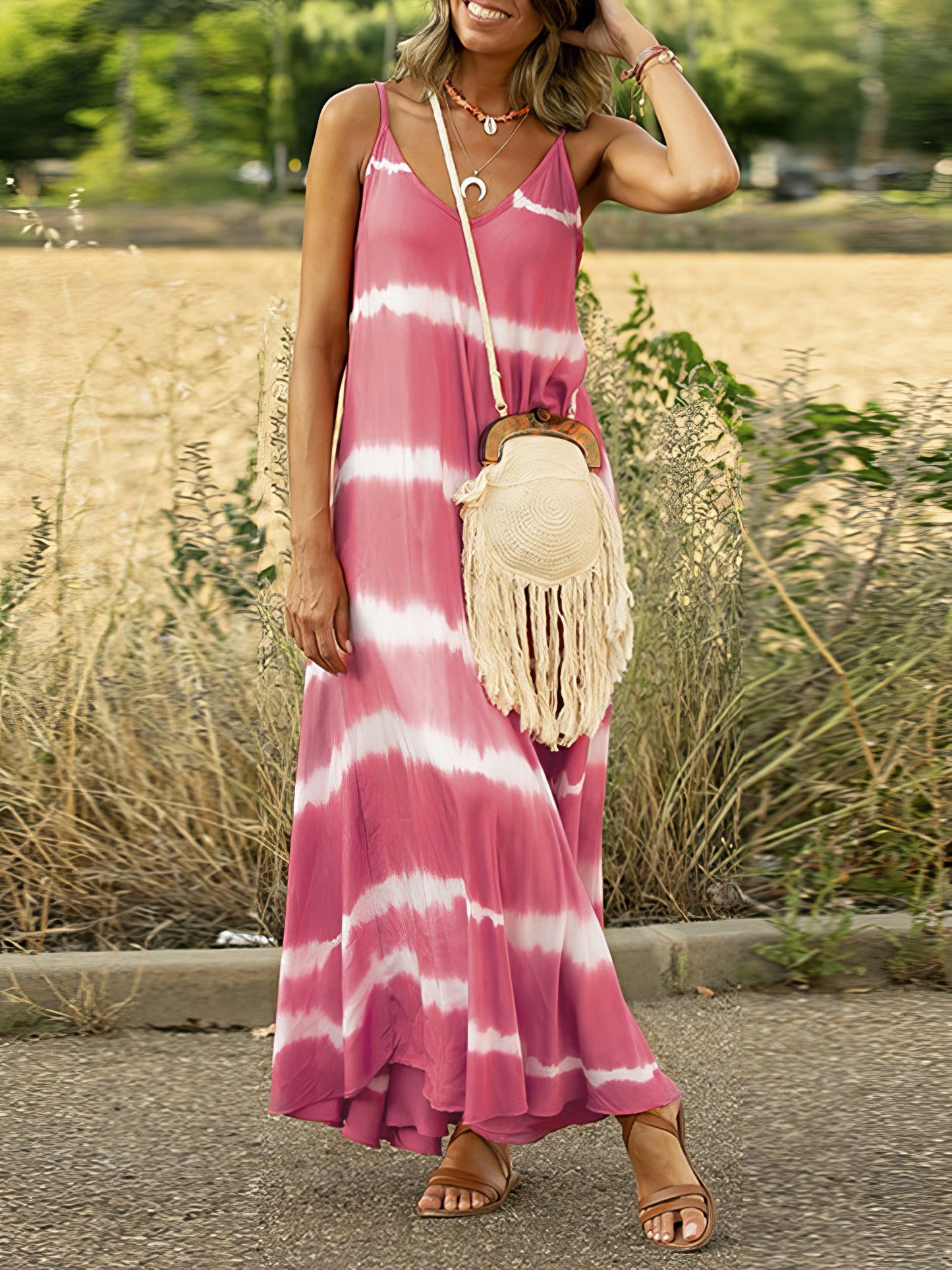 Maxi Dresses - Loose Tie Dye Print Sling Sleeveless Dress - MsDressly