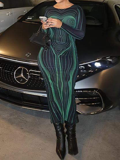 Maxi Dresses - Printed Backless Slim Round Neck Long Sleeve Maxi Dress - MsDressly
