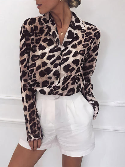 Blouses - Leopard Print Lapel Button Long Sleeve Blouse - MsDressly