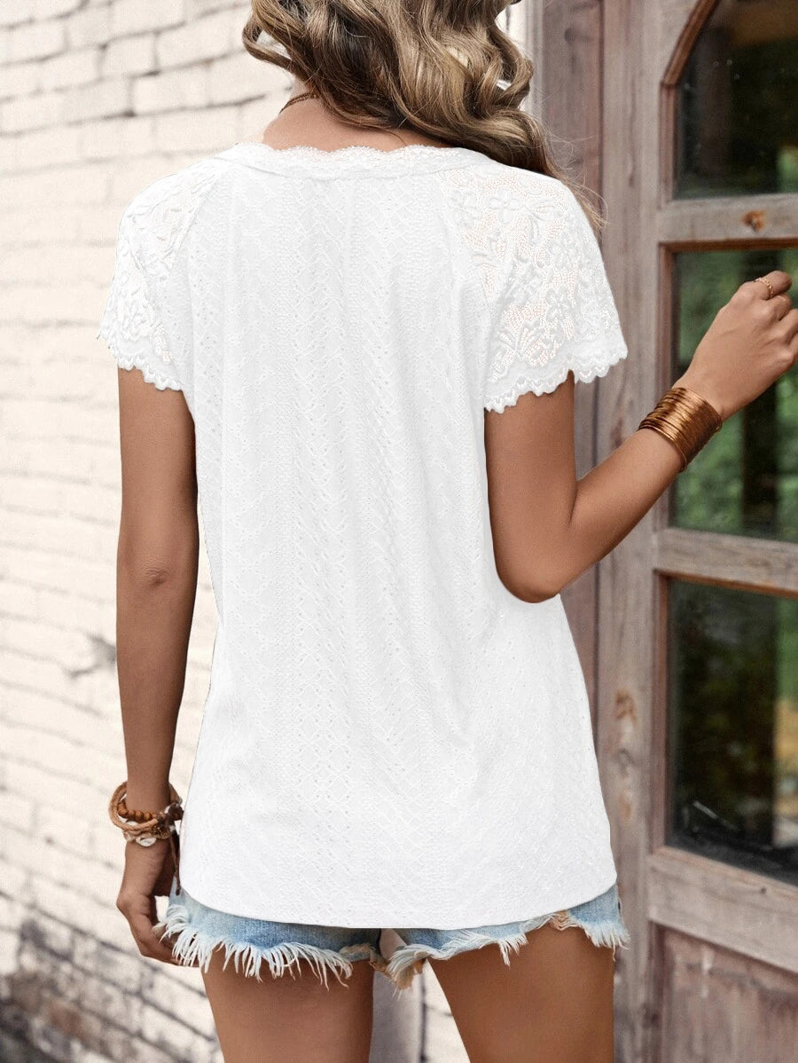 T-Shirts - V-Neck Stitching Lace Loose Short-Sleeved T-Shirt - MsDressly