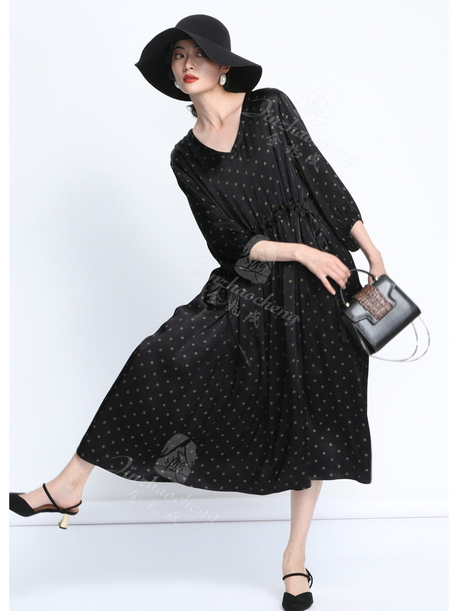 Elegant Black Polka Dot Maxi Dress with Cinched Waist