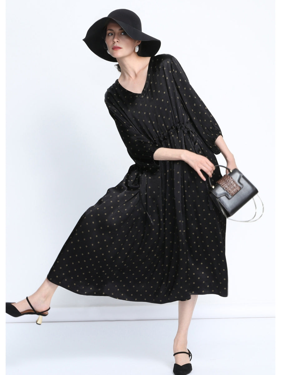 Elegant Black Polka Dot Maxi Dress with Cinched Waist