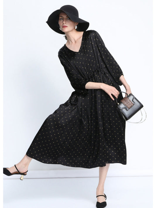 Elegant Black Polka Dot Maxi Dress with Cinched Waist