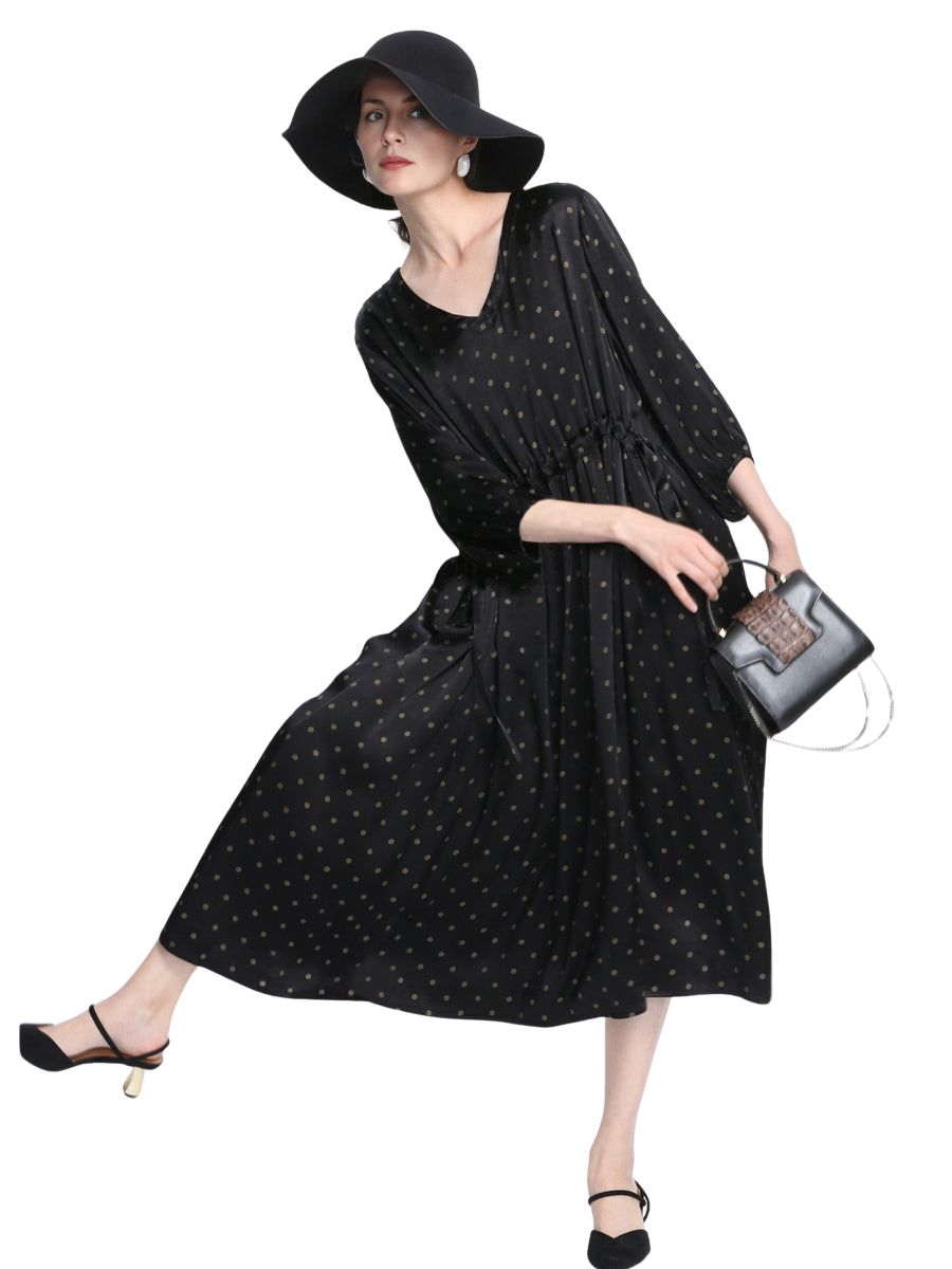 Elegant Black Polka Dot Maxi Dress with Cinched Waist