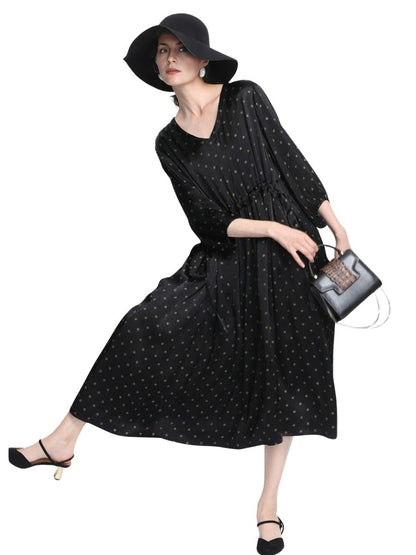 Elegant Black Polka Dot Maxi Dress with Cinched Waist