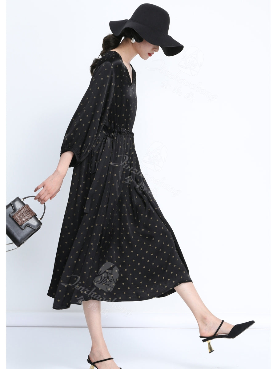 Elegant Black Polka Dot Maxi Dress with Cinched Waist