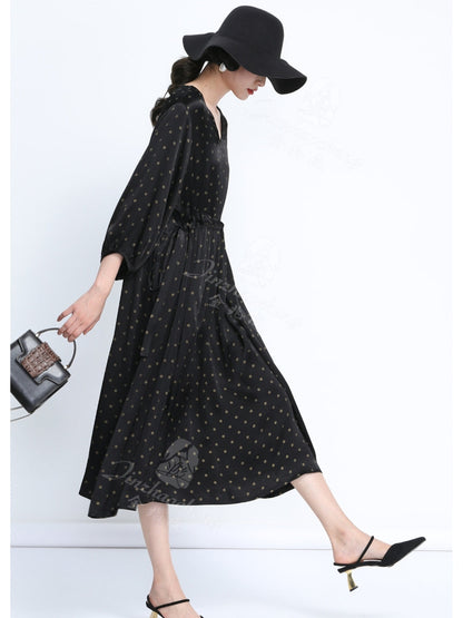 Elegant Black Polka Dot Maxi Dress with Cinched Waist