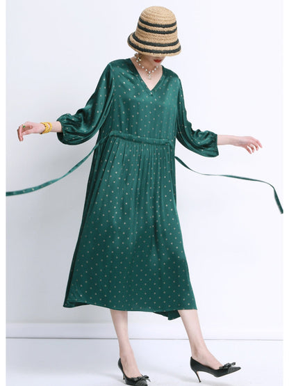 Elegant Black Polka Dot Maxi Dress with Cinched Waist