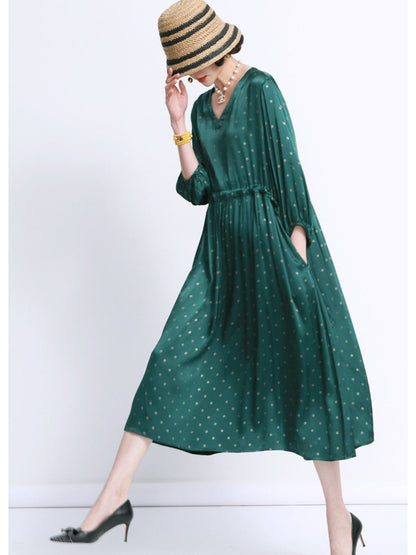 Elegant Black Polka Dot Maxi Dress with Cinched Waist