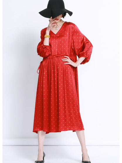 Elegant Black Polka Dot Maxi Dress with Cinched Waist